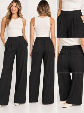 Vera Wang Womens Black Wide Leg Dress Pants Size 10 Pleated Pull On Trouser